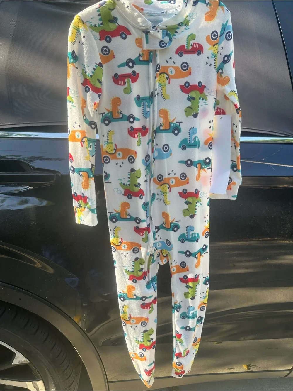 White Dino & Car Zip-Front Kids Footed One-Piece